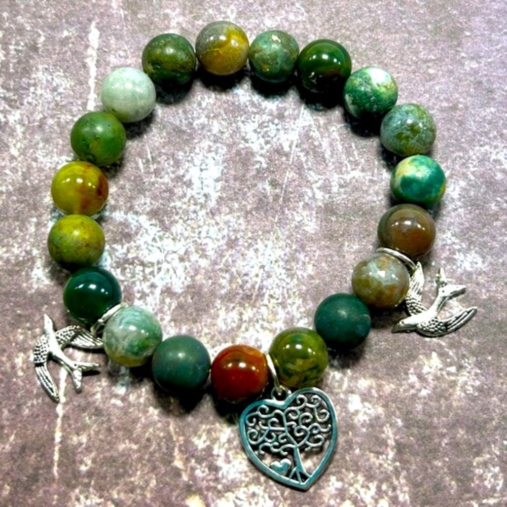 Handmade Tree, Heart & Bird Charm Bracelet with Natural Indian Agate Stones